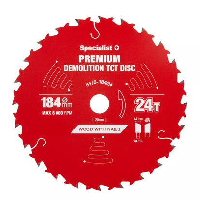 Pjovimo diskas 184x24Tx20/16mm, Demolition PREMIUM, SPECIALIST+