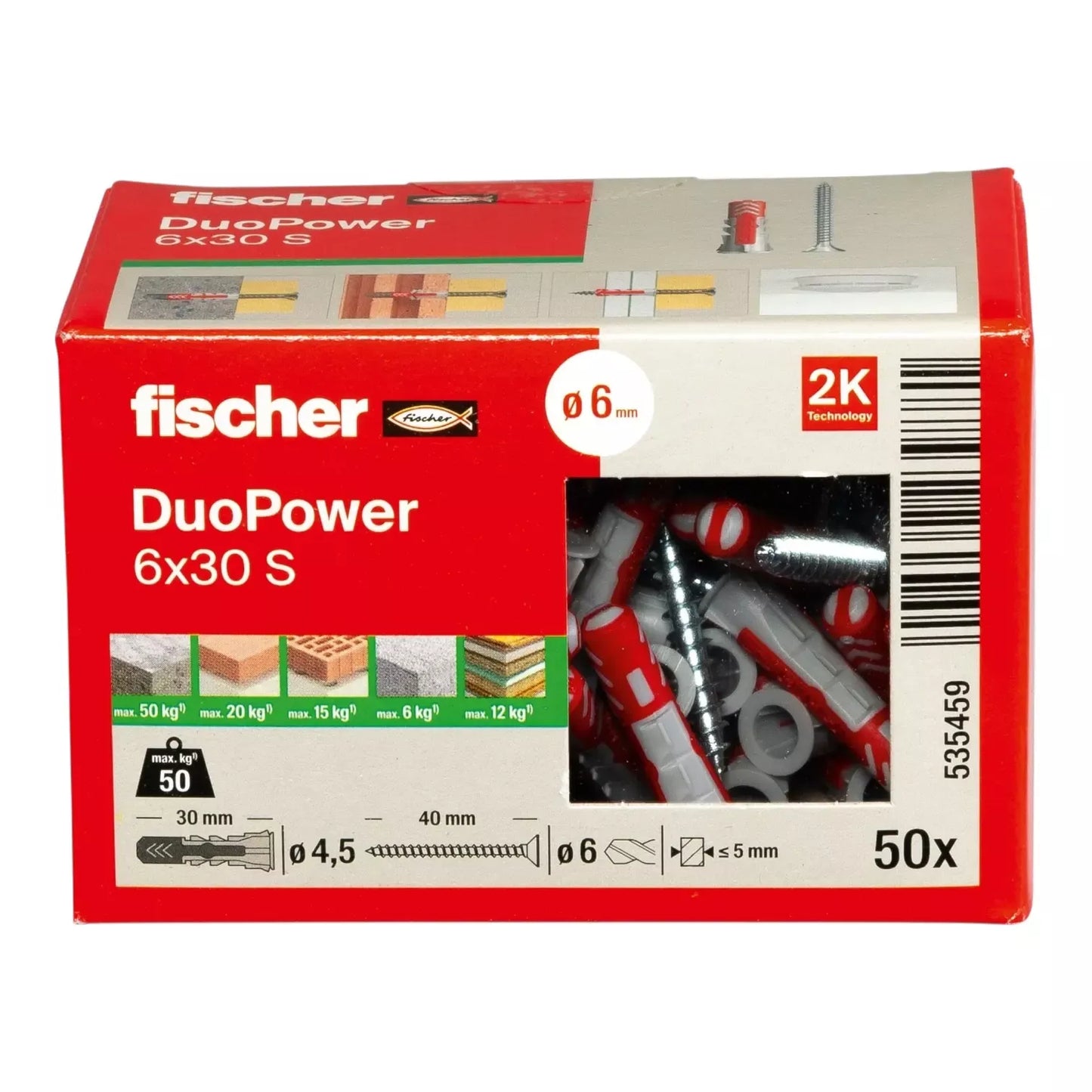 Universalus dvikomponentis kaištis DuoPower 6x30 S su varžtu, 50 vnt., FISCHER