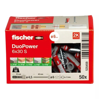 Universalus dvikomponentis kaištis DuoPower 6x30 S su varžtu, 50 vnt., FISCHER