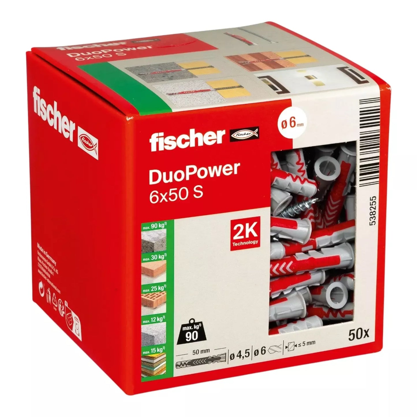 Universalus dvikomponentis kaištis DuoPower 6x50 S su varžtu, 50 vnt. FISCHER